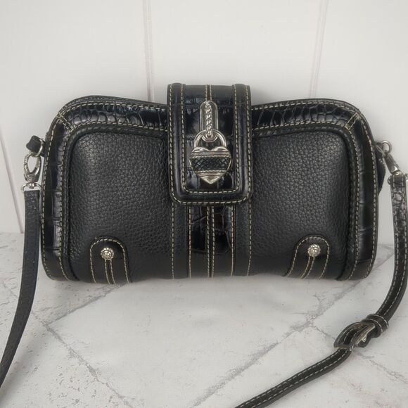 Vintage Brighton Small Crossbody Black Pebbled Leather Silver Heart Handbag - Picture 1 of 15